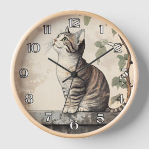 Horloge Illustration botanique vintage de chat tigré fanta