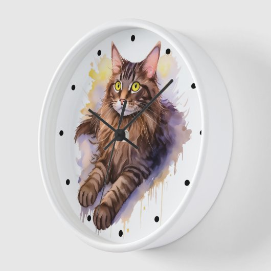 Horloge Illustration de l'aquarelle de chat Tabby long (Angle)