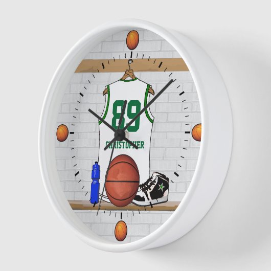 Horloge Jersey de basket-ball blanc vert personnalisé (Angle)
