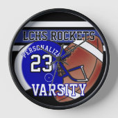 Horloge Jersey de football bleu, blanc et noir | ÉDITABLE (Recto)