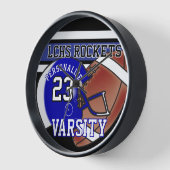 Horloge Jersey de football bleu, blanc et noir | ÉDITABLE (Angle)