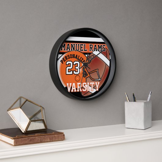 Horloge Jersey de football orange et noir | ÉDITABLE (Bureau)