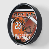 Horloge Jersey de football orange et noir | ÉDITABLE (Angle)