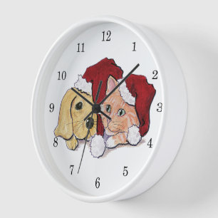 Horloge Joli chiot Labrador de Noël et chat tigré orange