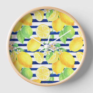 Horloge Joli citrons aquarelle sur bandes bleues