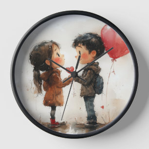 Horloge Joli Couple Aquarelle Ballon en Forme de Coeur Amo