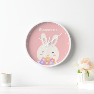 Horloge Joli Petit Lapin Dessin Et Fleurs Pour Filles Rose