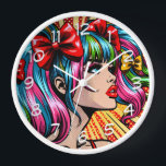 Horloge Jolie Pop Art Comic Girl with Bows<br><div class="desc">Jolie fille de style comique pop art coloré avec des cochons et des arcs dans ses cheveux.</div>