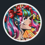 Horloge Jolie Pop Art Comic Girl with Bows<br><div class="desc">Jolie fille de style comique pop art coloré avec des cochons et des arcs dans ses cheveux.</div>