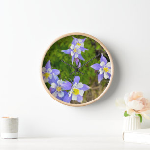 Horloge Jolies fleurs de Colombine en bleu, jaune, violet