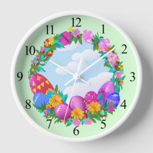 Horloge Joyeux Oeufs de Pâques Fleur Wreath
