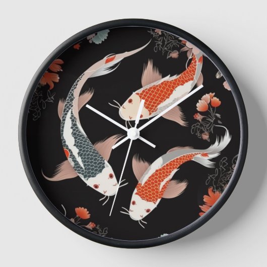 Horloge koi et fleurs d'inspiration japonaise orange et bl (Recto)