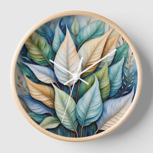 Horloge Latté aux feuilles dorées vert bleu