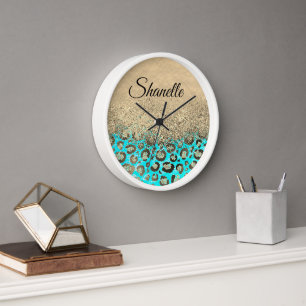 Horloge Léopard turquoise brillant Personnalisé