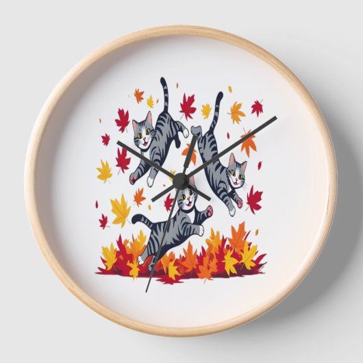 Horloge Les chats jouent dans les feuilles d'automne (Recto)
