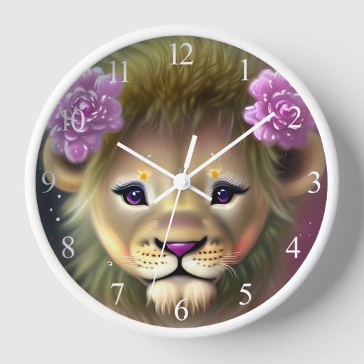 Horloge Lion mignon bébé avec fleurs roses Graphique (Recto)