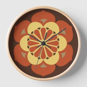 Horloge Lotus Flower Mandala, Brown, rouille et jaune
