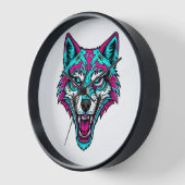 Horloge Loup néon Cyberpunk - Animal robotique Synthwave (Angle)