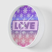 Horloge LOVE Typographie Snowflakes violet (Angle)