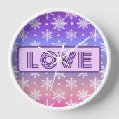 Horloge LOVE Typographie Snowflakes violet (Recto)