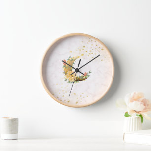 Horloge Lune florale, Graphique beige et jaune