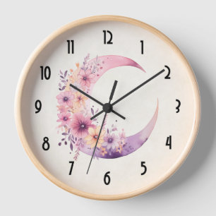 Horloge Lune rose Croissant avec de jolies fleurs