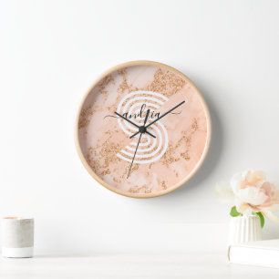 Horloge Marbre Pailleté Rose Gold, Nom en Écriture Monogra