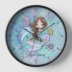 Horloge Mermaid Brown Cheveux Personnalisé Filles Chambre 