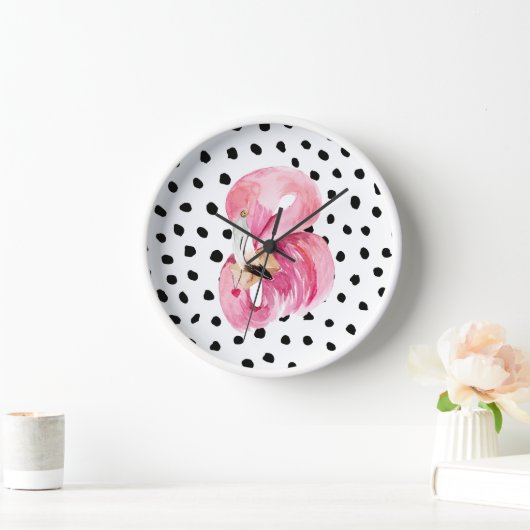 Horloge Moderne exotique rose aquarelle flamant & points (Maison)