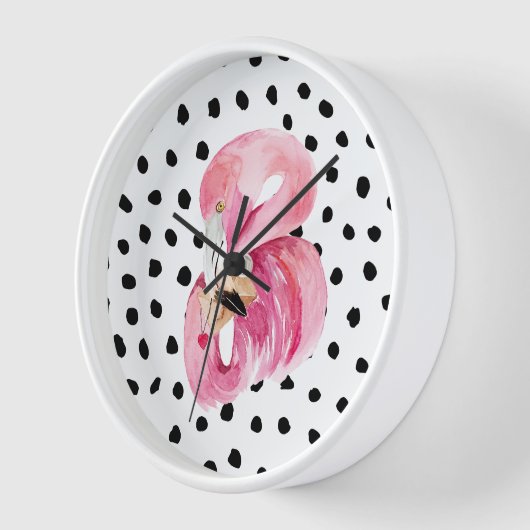 Horloge Moderne exotique rose aquarelle flamant & points (Angle)