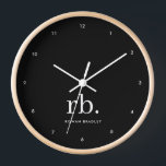 Horloge Monogram Classic Elegant Minimum Black and White<br><div class="desc">A minimalist monogram design with large typographiy initials in a classic font with your name below on black background. Le Parfait Custom vend des accessoires !</div>