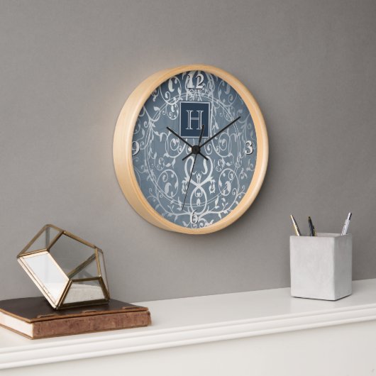 Horloge Monogramme Bleu Élégant (Bureau)