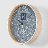 Horloge Monogramme Bleu Élégant (Angle)