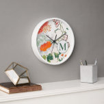 Horloge Monogramme floral florissant<br><div class="desc">Élégant style Vintage Floral Arrière - plan Printemps vert Monogramme initial Accueil Cuisine Salle de bain Salle de bain Horloge blanche Cadre</div>