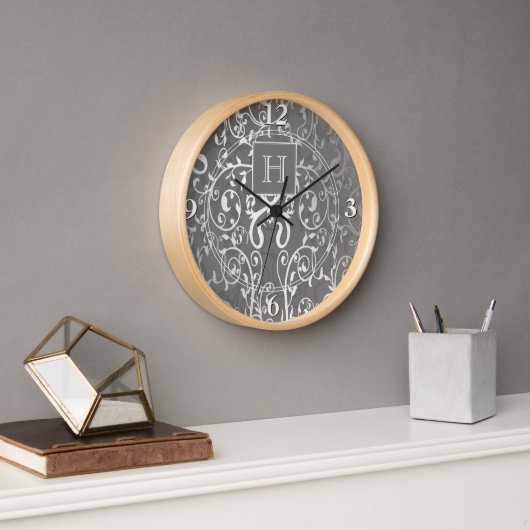 Horloge Monogramme Gris Élégant (Bureau)