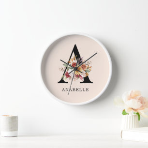 Horloge Monogramme Moderne Automne Fleurs Aquarelles 