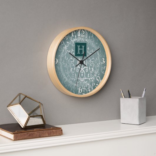 Horloge Monogramme turquoise Élégant (Bureau)