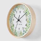 Horloge Monogramme Vert Feuillage Aquarelle Botanique (Angle)