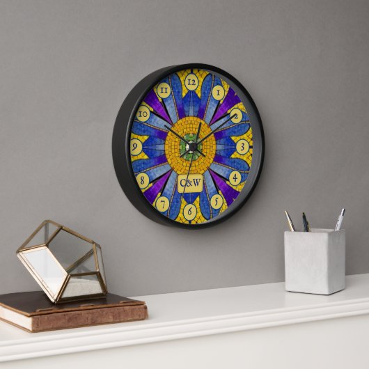 Horloge Mosaïque bleue et jaune Moderne apparence romaine  (Bureau)