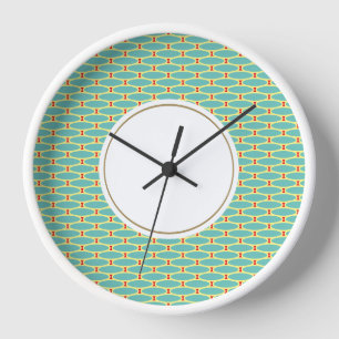 Horloge Motif circulaire Aqua Mint Blanc Jaune Carrelé Art