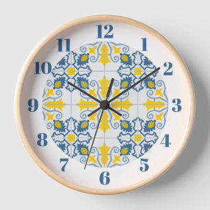 Horloge Motif de carreaux portugais jolis bleus et jaunes