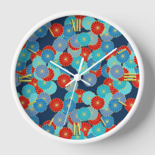 Horloge Motif de fleurs Art Déco - bleu, turquoise et roug