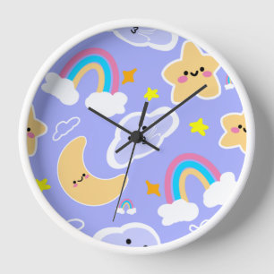 Horloge Motif de nuage arc-en-ciel mignon bleu