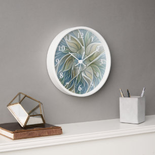 Horloge Motif de rêve floral Abstrait Bleu Kaki Fractal