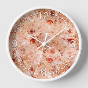 Horloge Motif floral grunge. Fond corail.