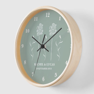 Horloge Mur Minimaliste Vert Sauge Fleurs Courbes