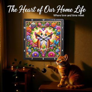 Horloge murale à coeur floral avec chaton tigré