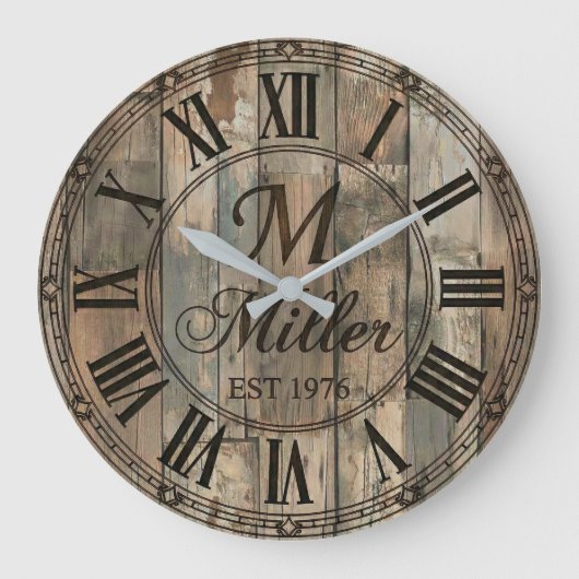 Horloge murale à monogramme de famille rustique | (Recto)