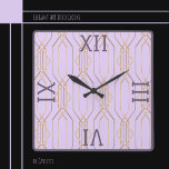 Horloge murale Art Déco Or, Lavande et Plum Carré<br><div class="desc">Elégant Art Déco Gold soutenu en Lavande avec des chiffres romains en Plum foncé et de la compensation. Idéal pour les salles d'entrée,  les restaurants,  les salons et plus encore. Disponible en différentes couleurs.</div>