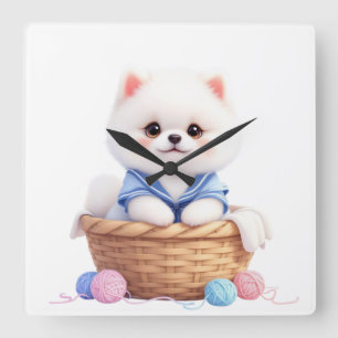 Horloge murale avec un chiot mignon dans un panier